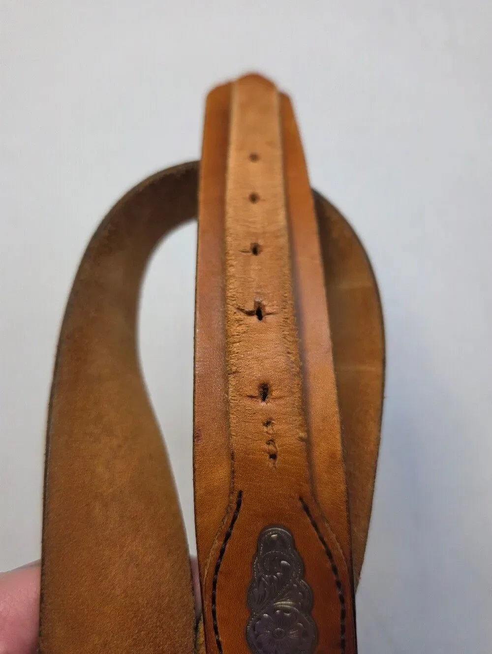 Vintage Tan Leather Men's Western Top Hand Belt Silver Floral Concho Accents